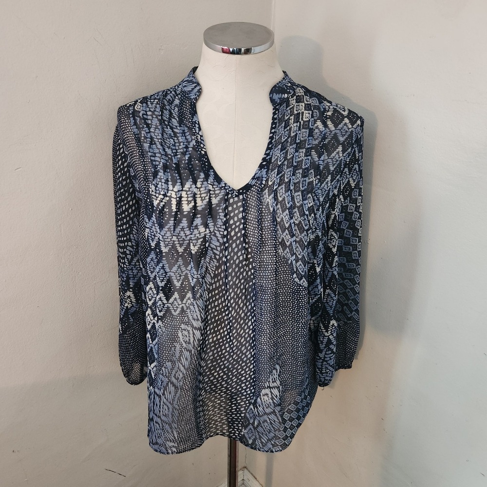 Pleione Sheer Geometric Print V Neck Long Sleeve Blouse Top‎ Women's Size M